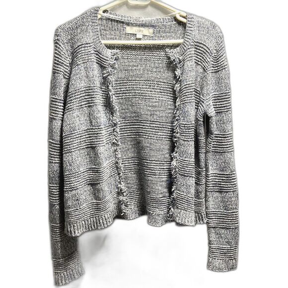 ANN TAYLOR Loft Fringe Sweater Cardigan Jacket Blue Gray Marled Womens Medium - Picture 7 of 12